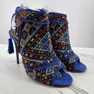 Aquazzura Colorado Ankle Heeled Booties Women US 7 BeadedAztec Tassel Suede Blue